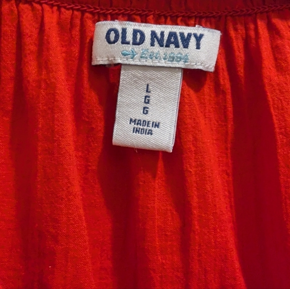 Old Navy Red Peaseant Blouse White Embroidery Short Puff Sleeve Tie Front- L - Picture 9 of 11